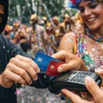 Pessoa realizando pagamento por aproximação com cartão em bloco de Carnaval.