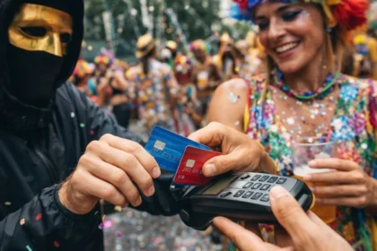 Pessoa realizando pagamento por aproximação com cartão em bloco de Carnaval.