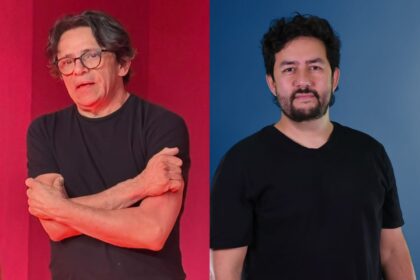 Aury Porto e Leonardo Ventura durante gravação do Podcast Perdigoto sobre teatro brasileiro