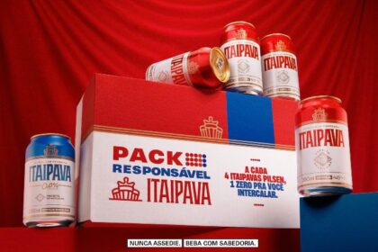 Embalagem do Pack Responsável da Itaipava com latas tradicionais e versões 0% álcool durante campanha de Carnaval.