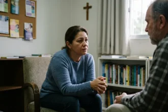 Pessoa se confessando, e em momento de oração.