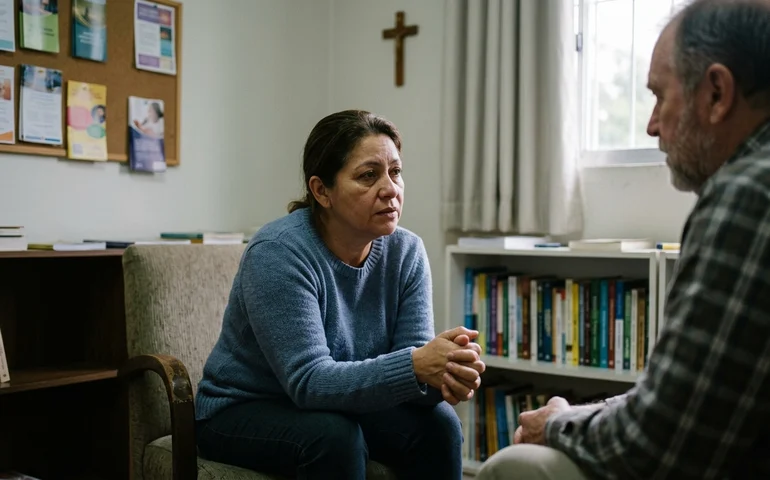 Pessoa se confessando, e em momento de oração.