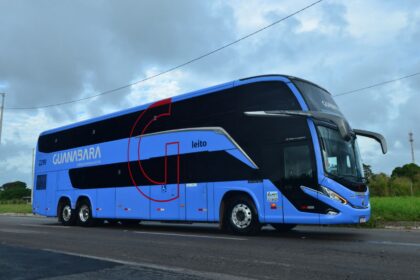 Ônibus da Guanabara estacionado em rodoviária pronto para embarque de passageiros