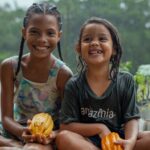 Duas crianças ribeirinhas sorriem sentadas em um trapiche de madeira em Barcarena, no Pará, cercadas por frutos de cacau durante chuva em cenário amazônico.